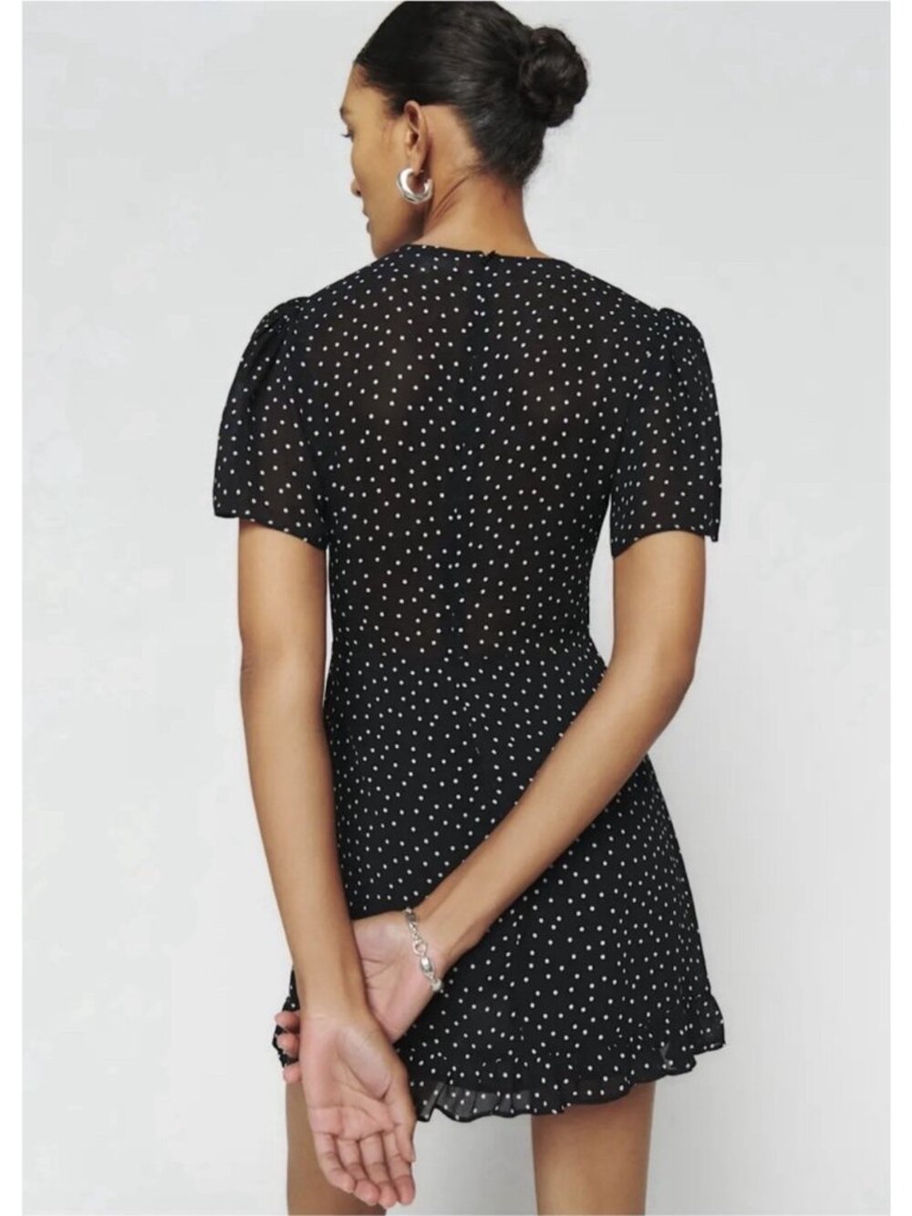 Reformation Mya Black White Polka Dot Mini Dress V-Neck - Picture 4 of 9